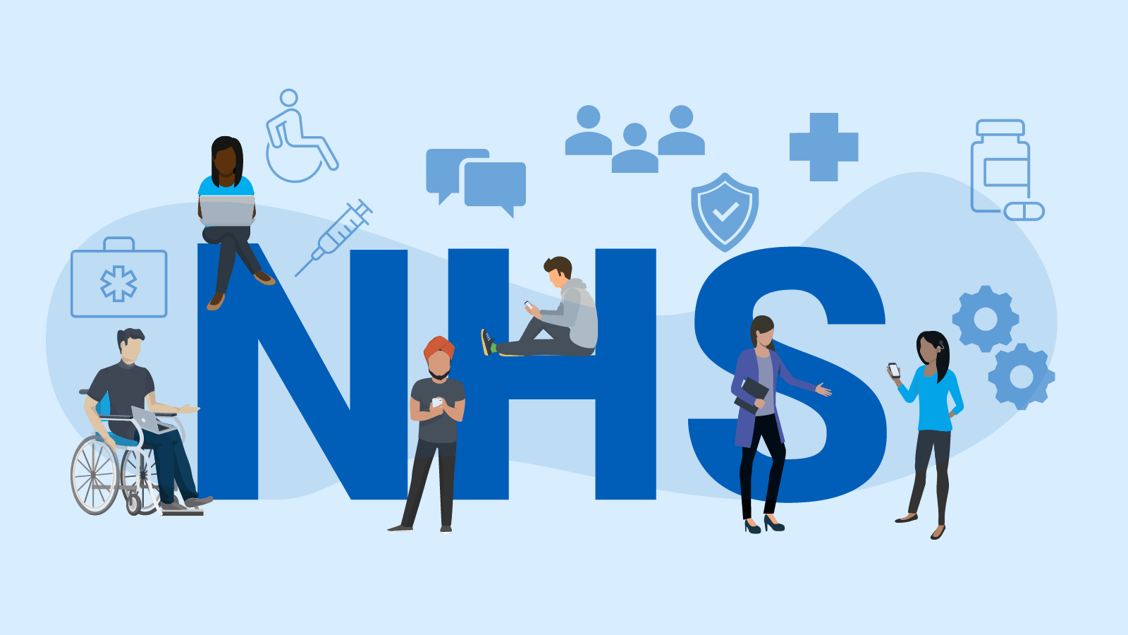 Adopt-microsoft-teams-for-your-nhs-trust The NHS logo with different types of people sitting around it