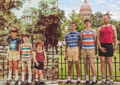 Microsoft-365-updates-and-microlearning A picture of three boys when they were children and now they're grown men in the same clothes. Resembling the fact that using the same approach after years doesn't work.