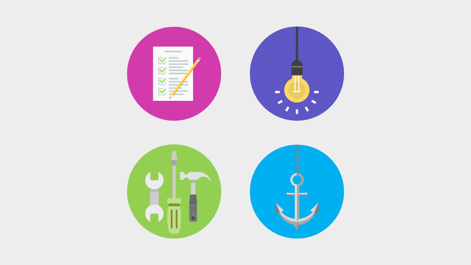 4Es-change-management-approach-featured Four colourful circles arranged in a grid, containing illustrations of a checklist, lightbulb, toolkit, and anchor.