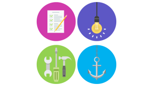 change-management-approach-4Es Four colourful circles arranged in a grid, containing illustrations of a checklist, lightbulb, toolkit, and anchor.