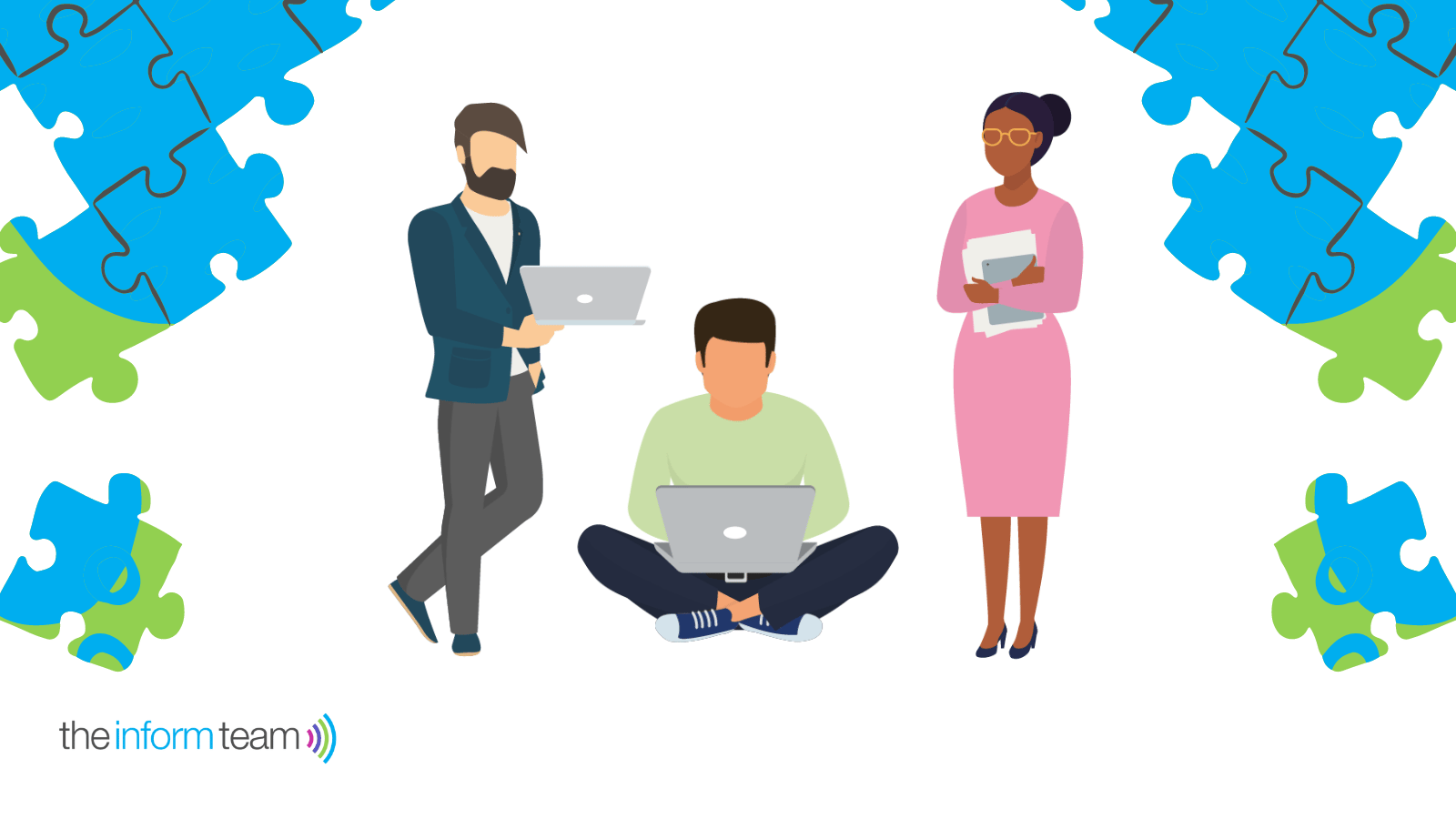 top-collaboration-tools-featured Illustration of three colleagues working together on laptops. Behind them is a large jigsaw puzzle.