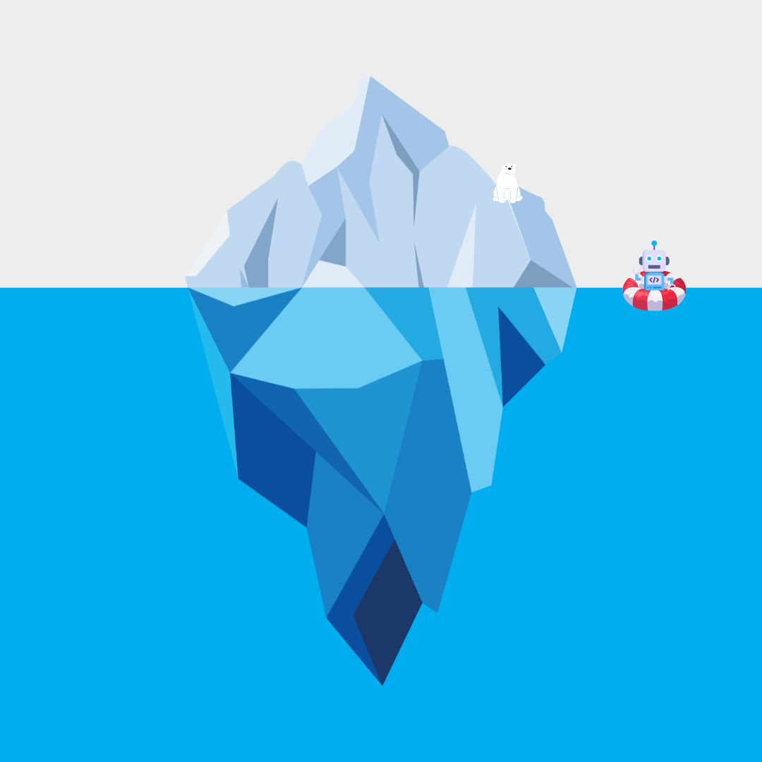 chat-gpt-tip-of-the-iceberg illustration of an iceberg. Most of it is below water. A polar bear and robot are perched on it.