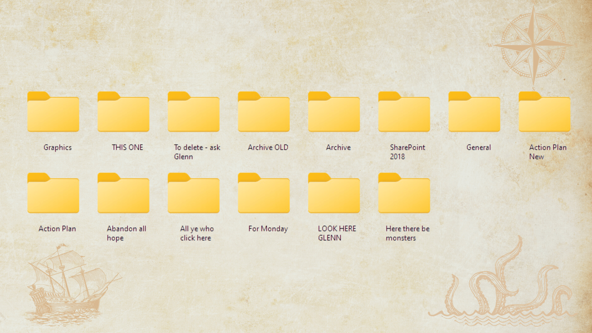 soft-skills-training-file-structure-blog A chaotic file system. Folder icons are positioned on a background to look like an ancient map. Folder names read "here there be monsters", "Look here glenn" and "Action plan old"