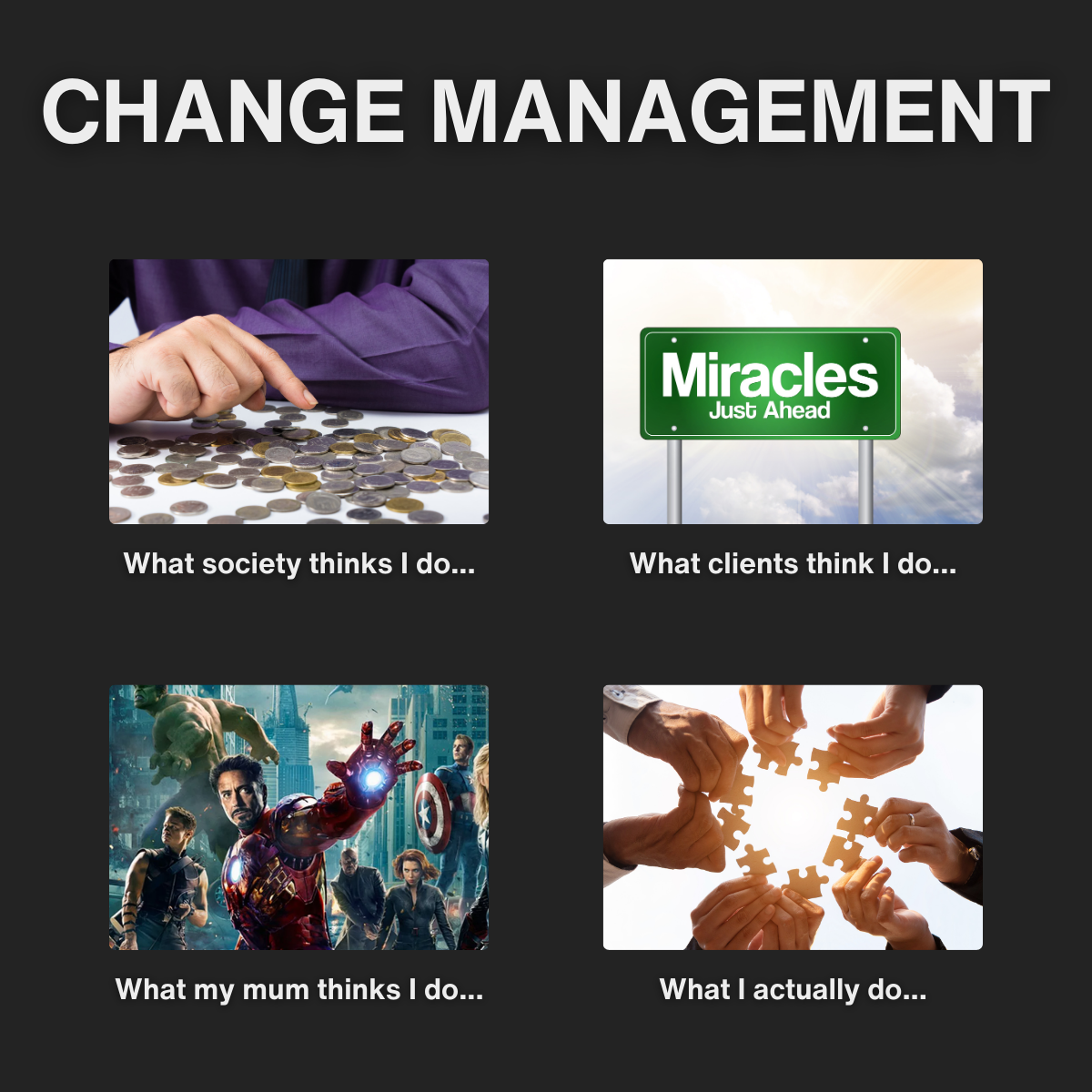Copy of Change Campaign – 20 Memes (9) What is change management? First box: What society thinks I do...image of someone counting coins Second box: What clients think I do...image of a sign that states 'miracles just ahead' Third box: What my Mum thinks I do...image shows Marvel avengers standing in a line Forth box: What I actually do...image shows people putting puzzle pieces together