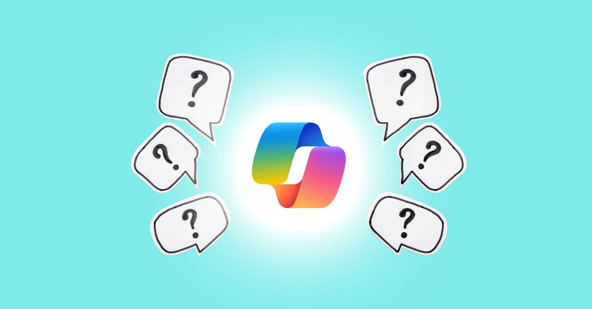 The Microsoft Copilot logo surrounded by question marks within speech bubbles