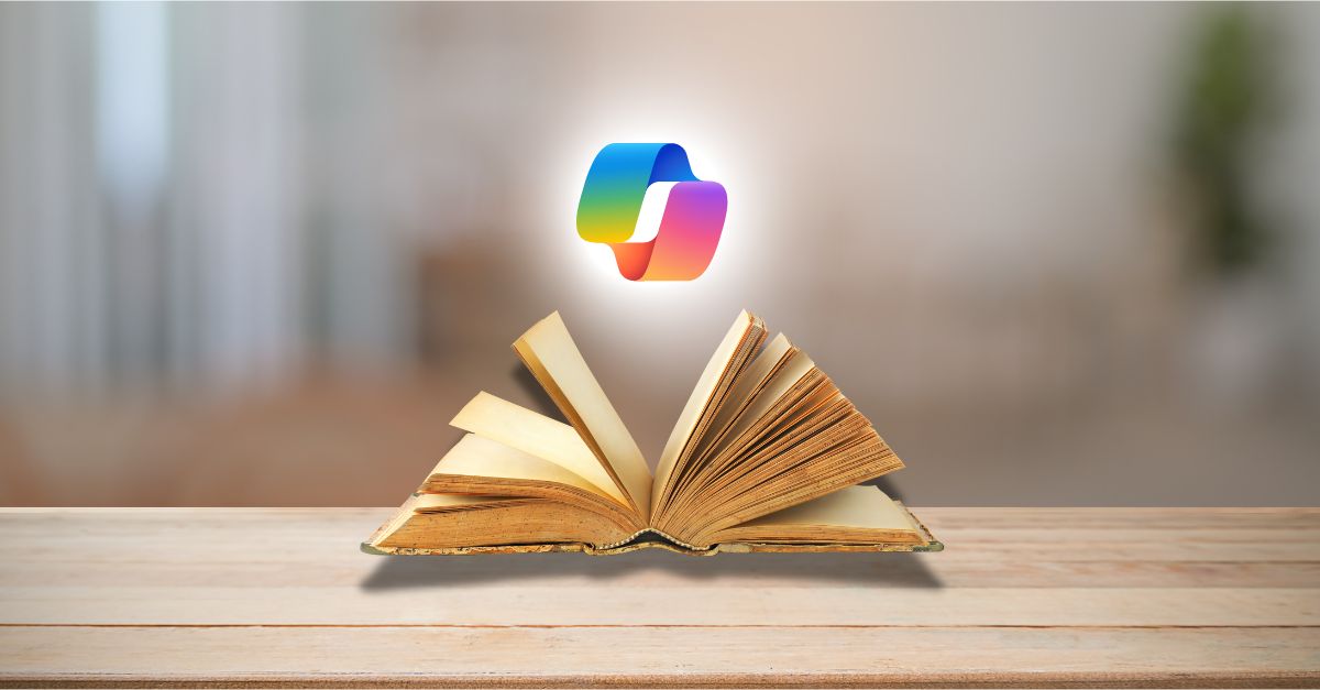 A mysterious book is open on a table in a modern office. Above the book, the Copilot logo glows with a sense of magic and possibility.